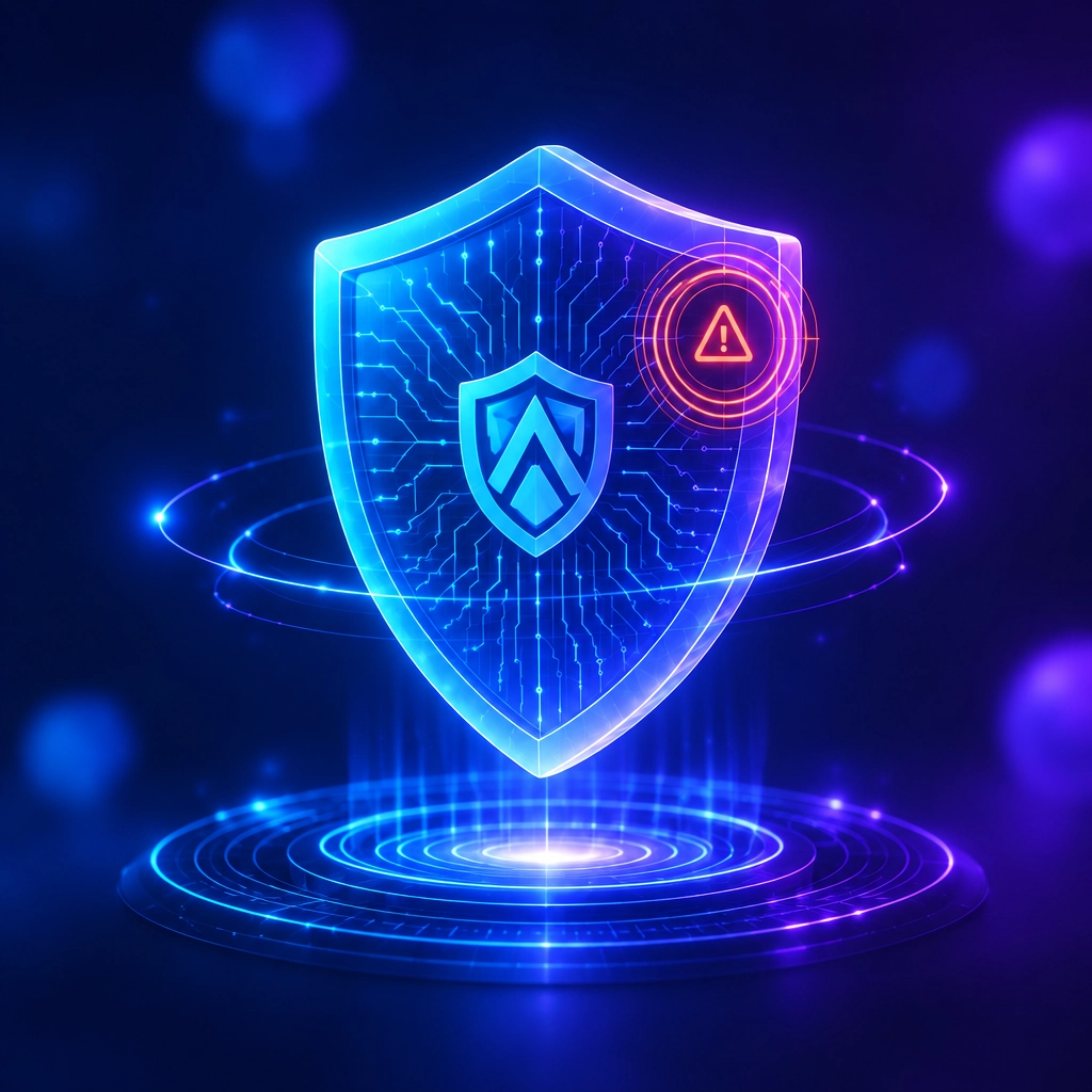 Floating translucent holographic shield with circuit traces and an alert ring